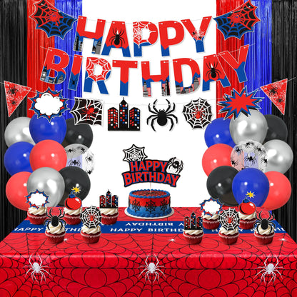 Black Red and Blue Birthday Party Decorations, 67 Pcs Spider Balloons Party Supplies with Table Cloth, Happy Birthday Banner Garland, Foil Fringe Curtains, Spider Cake Topper for Cartoon Shower Theme