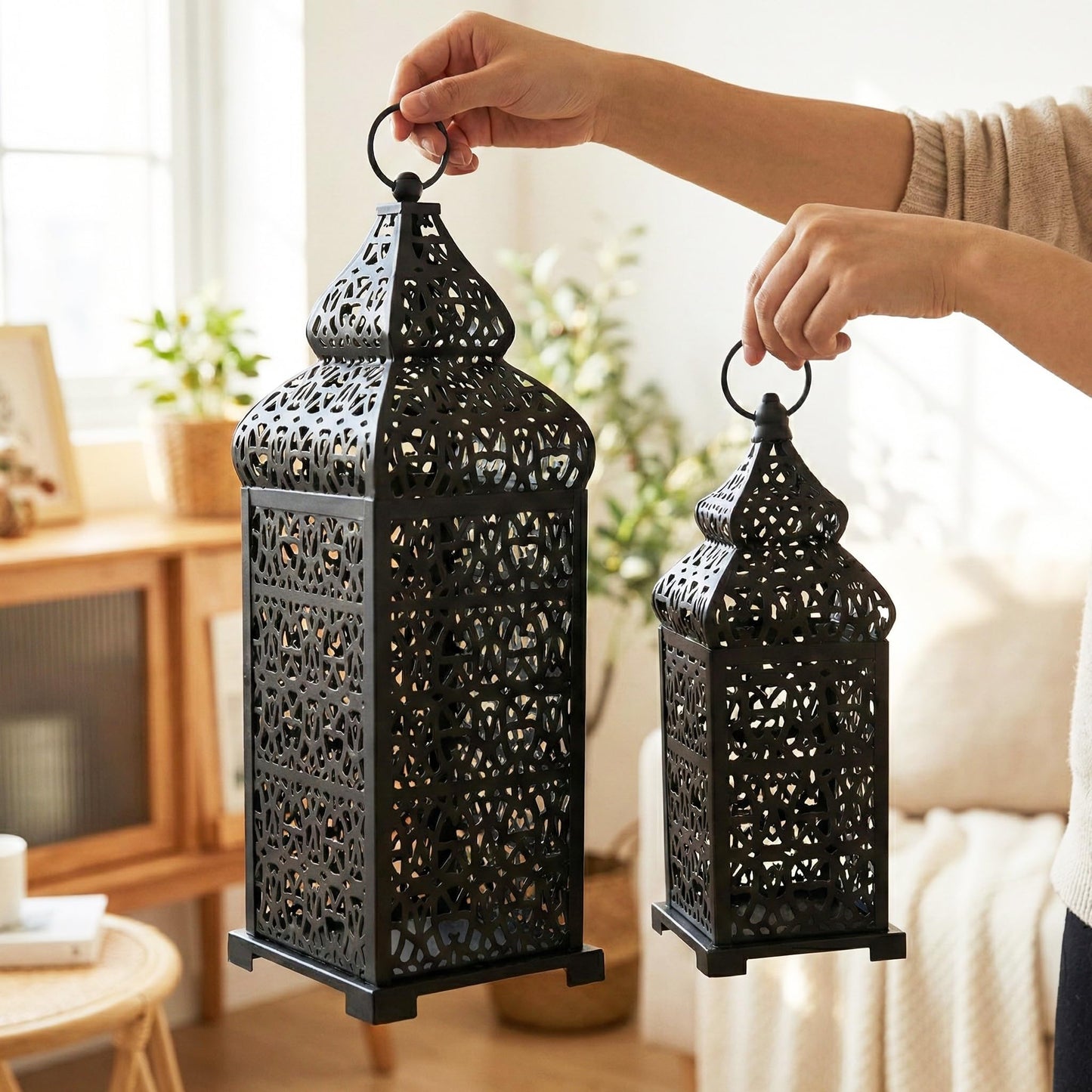 Vela Lanterns Decorative Indoor Moroccan Candle Holders, Black, Set of 2