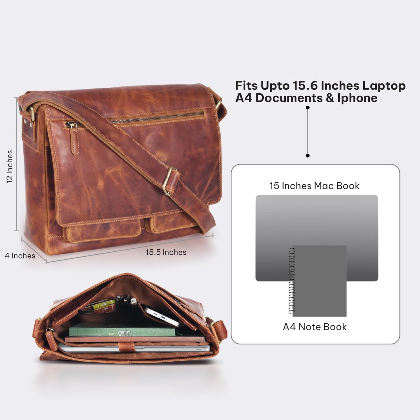 VALENCHI 15" Full Grain Leather Laptop Messenger Bag For Men & Women - Padded 15.3" Laptop Compartment, Ample Storage & Pockets, Premium Natural Leather (Cognac Vintage)