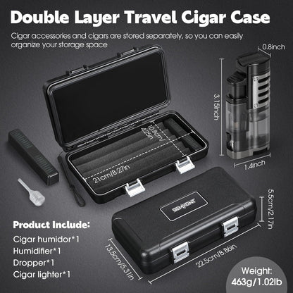 SEMKONT Cigar Humidor, Portable Travel Cigar Box, Double Cigar Humidor with Separate Storage for Cigar Accessories, Cigar Travel Case with Cigar Lighter(No Butane), Holds 5 Cigars (Black)