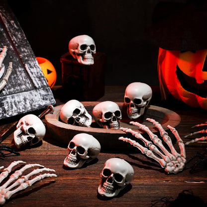 Ferraycle 16 Pieces Halloween Decoration Set Includes 10 Mini Skull Heads and 4 Skeleton Hands Realistic Looking Skulls Plastic Fake Craft Human Hands for Halloween Party Decor Props