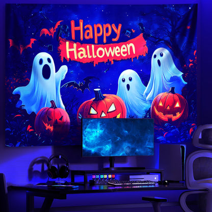 AOHMPT Glow-in-the-Dark Halloween Tapestry - UV Reactive Black Light Wall Hanging Decor for Spooky Parties, Bedroom, Living Room (Happy Halloween, 79L x 59W, Unframed)