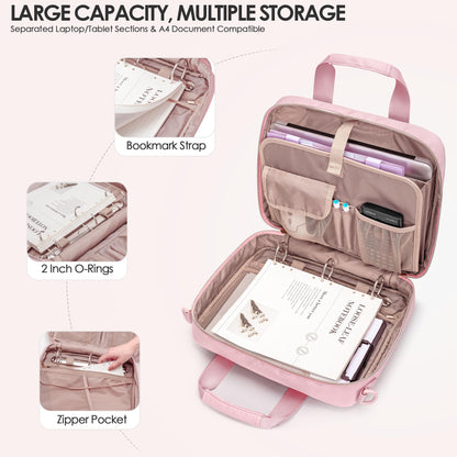 Prokva 3 Ring Zipper Binder, 2 Inch Ring Binder Organizer Bag with Shoulder Strap Fits 13 Inch Laptop and 500 Sheets, Pink (Empty Bag Only)