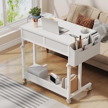 Small White Portable Rolling Desk - 32 Inch Adjustable Mobile Standing Teacher Desks with 2 Fabric Drawers on Wheels, Couch Sofa Side Laptop Table with Storage for Bedroom Home Office, White