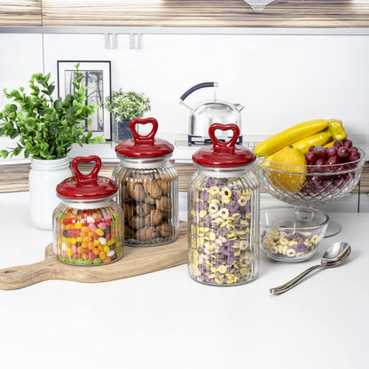 Hyperspace Set of 3 Decorative Glass Kitchen Canister Set, Cookie Jar, Food Storage Containers, Bathroom Jars, with Airtight Ceramic Lid for Kitchen and Bathroom, Red Heart Handle