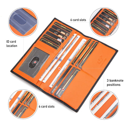 BISON DENIM RFID Bifold Wallets Slim Credit Card Wallet Real Leather Mens Long Wallet with Zipper Coin Pocket (W4470-Orange)