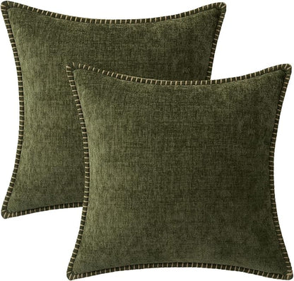 MIULEE Pack of 2 Couch Throw Pillow Covers 18x18 Inch Olive Green Farmhouse Decorative Pillow Covers with Stitched Edge Soft Chenille Solid Dyed Pillow Covers for Sofa Bed Living Room