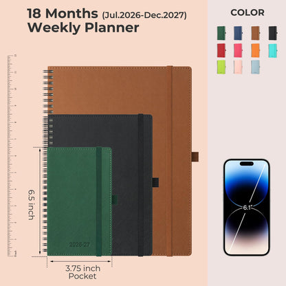 IN-LUXPRO Planner 2026-2027 Daily Weekly and Monthly,6.5"x3.75",18 Months Spiral Bound Calendar Agenda with Self-adhesive Pen Holder,2026 Academic Plan with Vegan Leather Soft Cover,Black