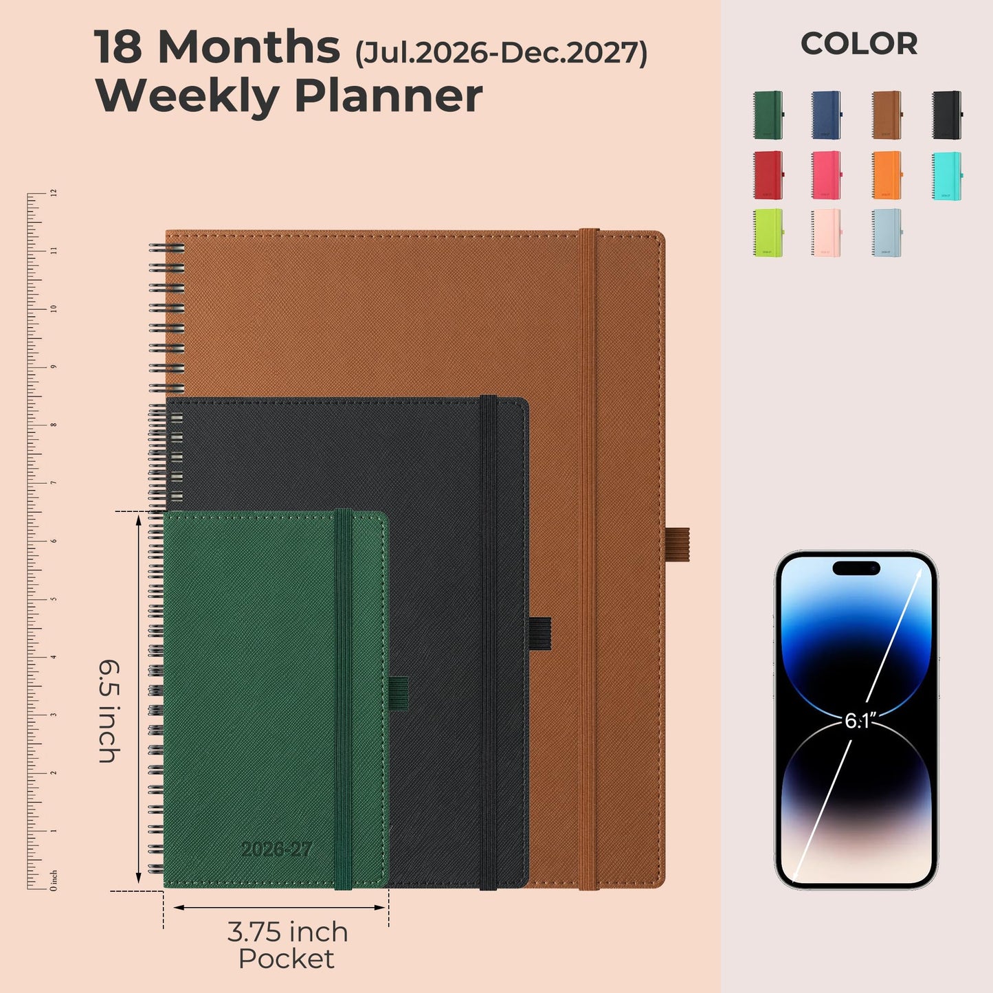 IN-LUXPRO Planner 2026-2027 Daily Weekly and Monthly,6.5"x3.75",18 Months Spiral Bound Calendar Agenda with Self-adhesive Pen Holder,2026 Academic Plan with Vegan Leather Soft Cover,Green
