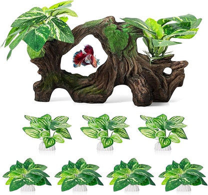 8 Pcs Driftwood Cave Aquarium Decor Decor Silk Aquarium Plants Leaves are Soft and Safe for Aquarium Decoration and Fish Tank Decoration