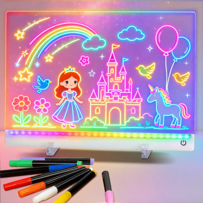Rechargeable Led Drawing Board for Kids, 11.8*7.9" Dry Erase Board, 4 Modes &7 Colors Glow Doodle Note Board, Include Hanging Chain, 2 Stands, 8 Markers, Spray Bottle, Cleaning Cloth, Kid Girls Gifts