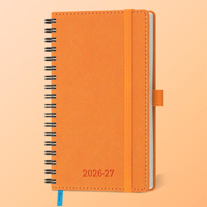 IN-LUXPRO Planner 2026-2027 Daily Weekly and Monthly,6.5"x3.75",18 Months Spiral Bound Calendar Agenda with Self-adhesive Pen Holder,2026 Academic Plan with Vegan Leather Soft Cover,Orange