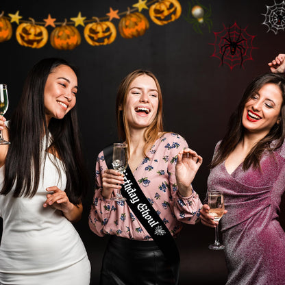 Black Birthday Ghoul Sash with White Glitter Printing Letters - Halloween Birthday Decorations，Glitter Cloth Goth Sash, Halloween Bhday Decorations