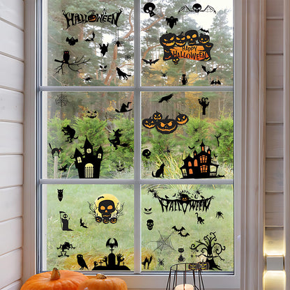 Halloween Wall Decals Stickers, Black Haunted Castle Pumpkin Skeleton Window Clings, Removable Spooky Spider Web Witch Silhouette Wall Stickers for Party Home Decor