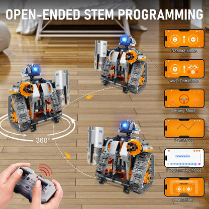 MOJINO 5 in 1 STEM Building Set with LED Light, APP & Remote Controlled Cars Building Toys Kit, RC Robot Tank Sleigh Tracked Racer 554 PCS, Toy Gifts for Kids Boys Girls Ages 6 7 8 9 10 11 12+ Year