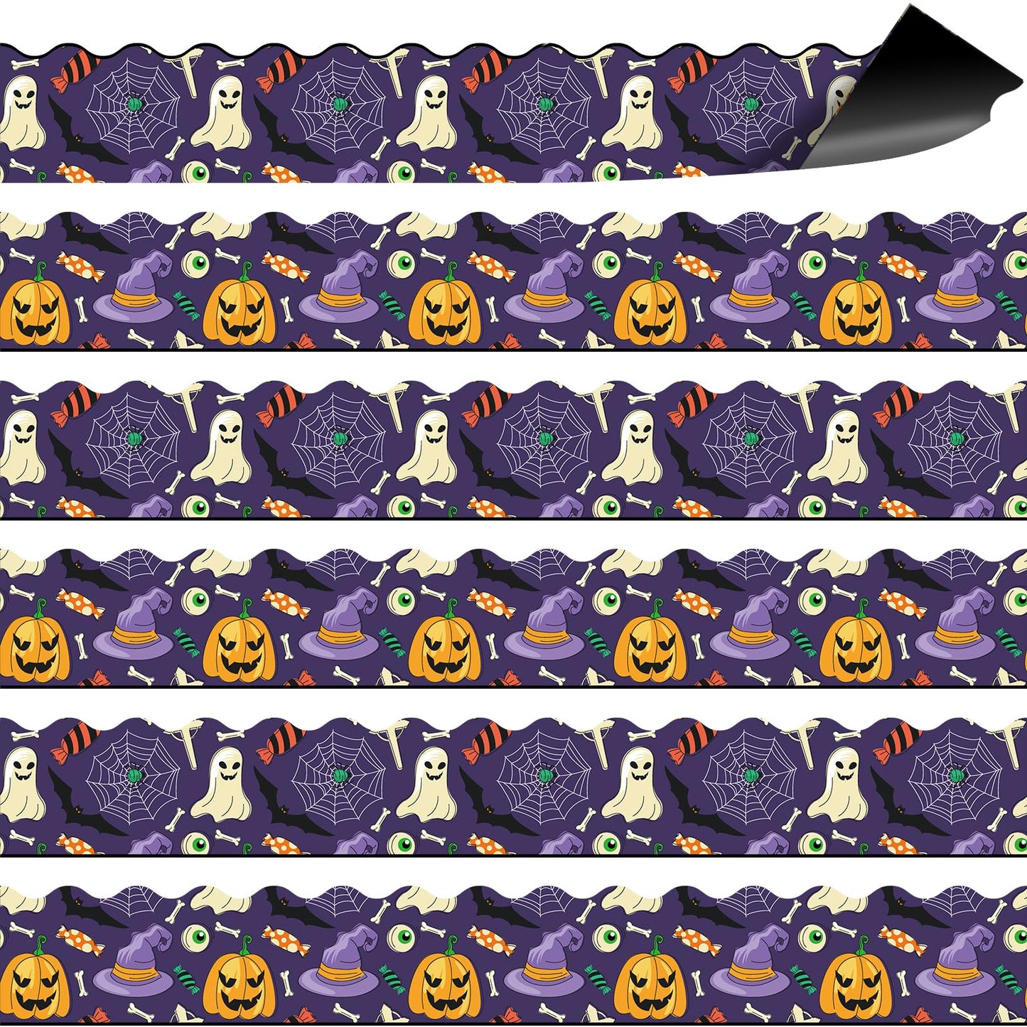JYNTERPLAY 30Pcs Halloween Magnetic Bulletin Board Borders for Classroom Spooky Pumpkin Ghost Spider Web Bat Purple Border Strips Die Cut for Whiteboard Chalkboard Office Decor