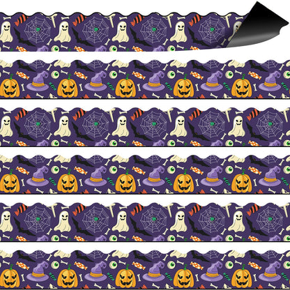 JYNTERPLAY 30Pcs Halloween Magnetic Bulletin Board Borders for Classroom Spooky Pumpkin Ghost Spider Web Bat Purple Border Strips Die Cut for Whiteboard Chalkboard Office Decor