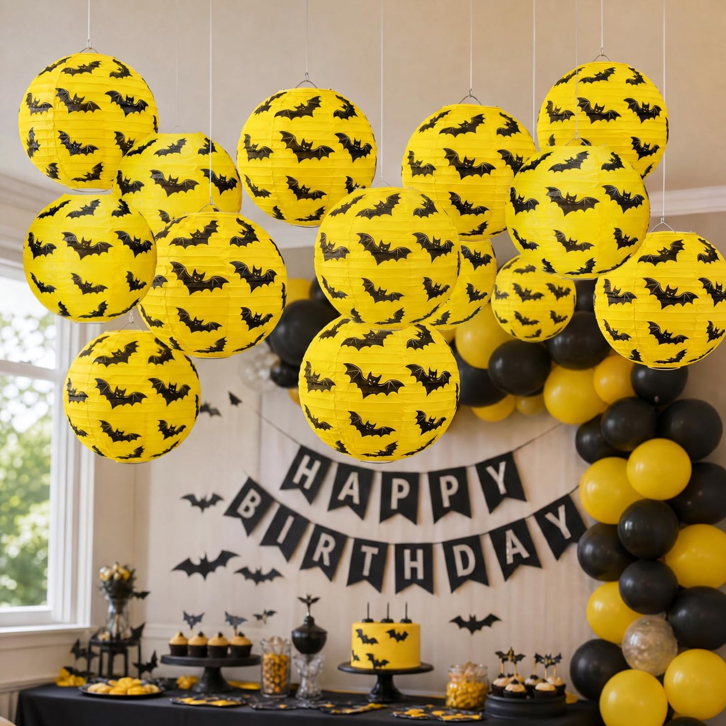 Glooglitter 12 Pcs Bat Paper Lanterns Hanging Decorations Yellow & Black Bat Theme Party Supplies for Birthday Baby Shower Halloween Party Ceiling Decor, 8 Inch