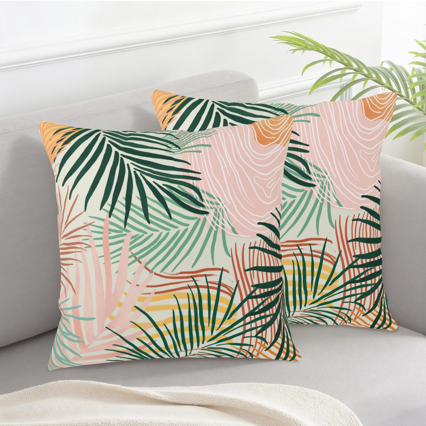 Kwlegh Colorful Abstract Pillow Covers Pink Green Tropical Palm Tree Leaves Throw Pillow Covers Modern Art Pillowcase 18x18 Set of 2 Neutral Cushion Case for Indoor Outdoor Couch Sofa