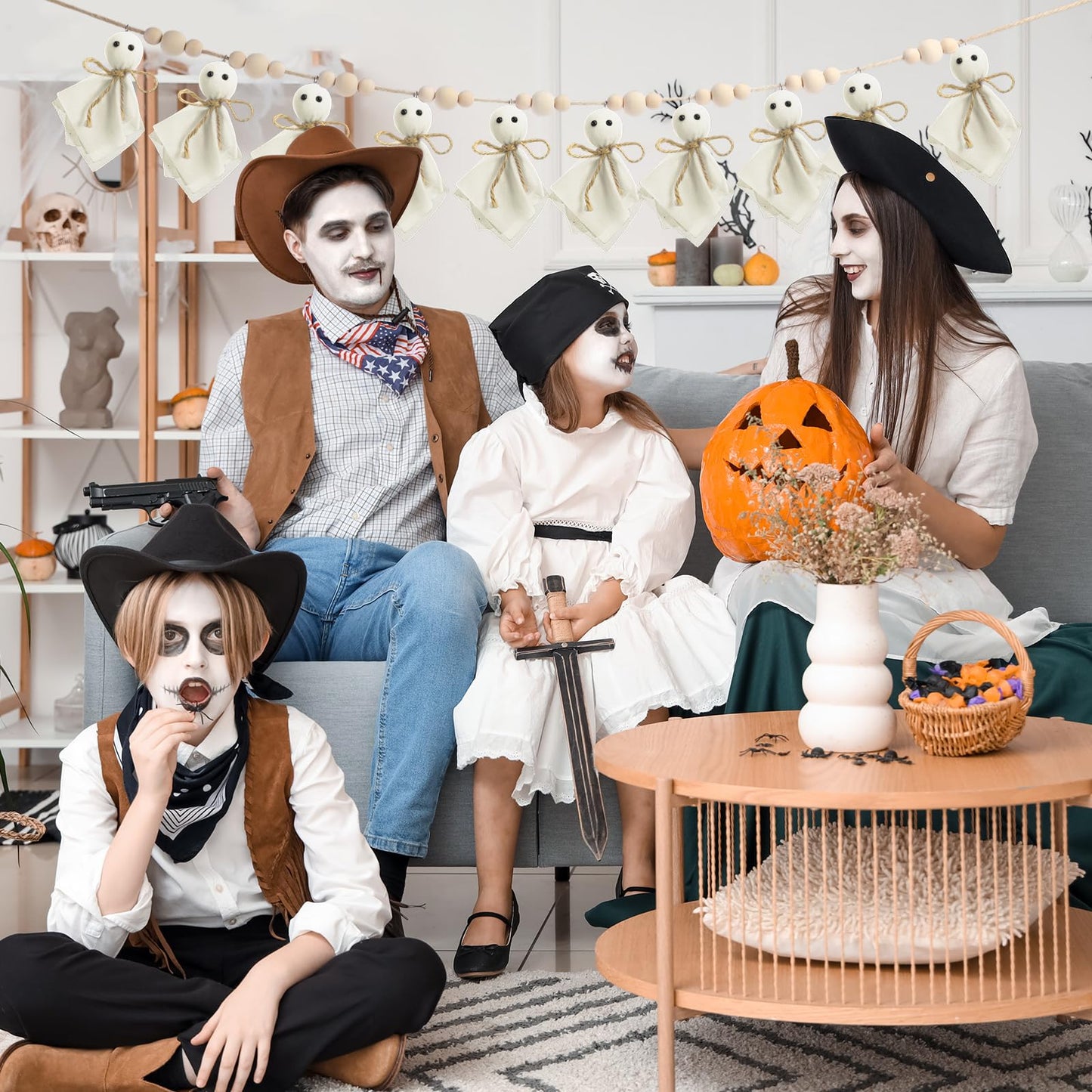 Capoda 4 Pcs Primitive Ghost Decorations Kit Halloween Ghost on Wooden Stand Table Centerpieces 6.5ft Primitive Halloween Rustic Garland with Wooden Beads for Mantel Wall Home Indoor Outdoor Decor