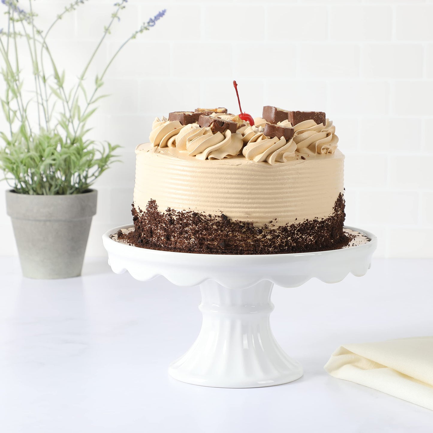 Martha Stewart Patterson 10" Round White Stoneware Pedestal Cake Stand, 5.1" Tall - Fits 9" Cakes | Elegeant Display Plate Stand for Parties, Weddings & Desserts