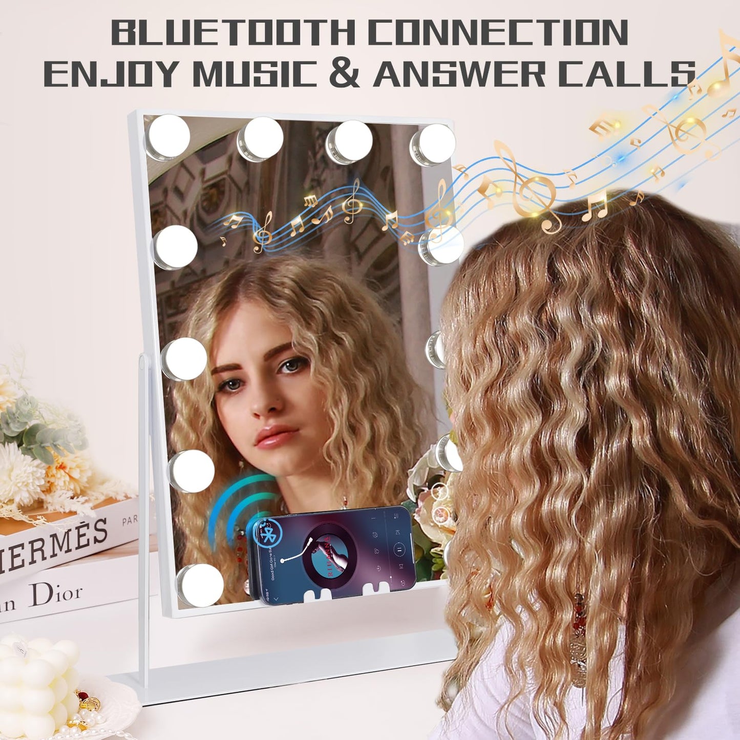 COOLJEEN Makeup Mirror Vanity Mirror with Lights - 12 Led Bulbs Lighted Hollywood Mirror, 10X Magnification,3 Color Modes, Touch Control, Women Gift (White)