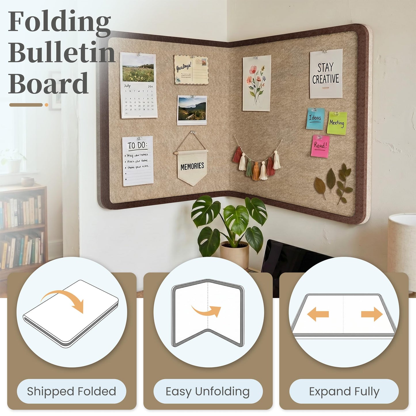 KERRAM Bulletin Board, 36 x 24 inches Decorative Felt Board Foldable Photo Board Pin Boards, Cork Board Alternative for Walls, Office, Home, Classroom with Pushpins ＆ Small Storage Bag, Brown