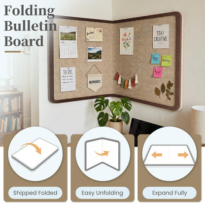 KERRAM Bulletin Board, 36 x 24 inches Decorative Felt Board Foldable Photo Board Pin Boards, Cork Board Alternative for Walls, Office, Home, Classroom with Pushpins ＆ Small Storage Bag, Brown