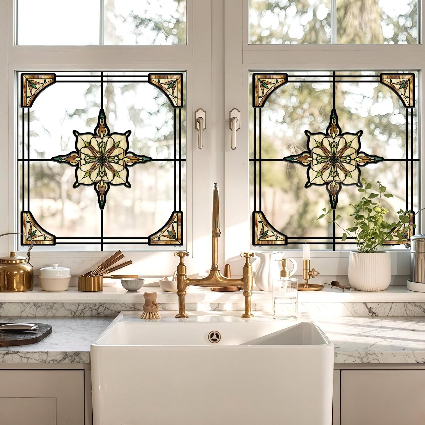 ADD.HERES Window Stickers, ‌Stained Glass Window Privacy Film, UV Blocking Static Cling for Home Kitchen Office Bathroom, Amber Starry Light, 11.81" X 15.75"