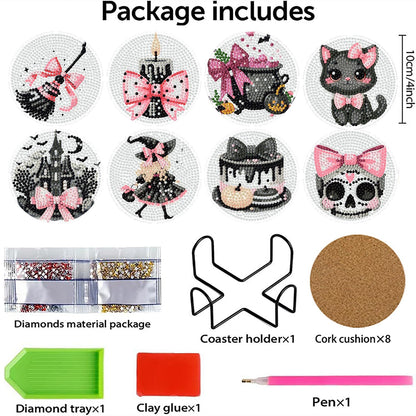 Yijingtop 8 Pcs Halloween Diamond Art Coasters,Cute Pink Gothic Diamond Painting Coasters,Small Diamond Art Kits for Adults,Crystal Gem Art Kits for Home Wall Decor