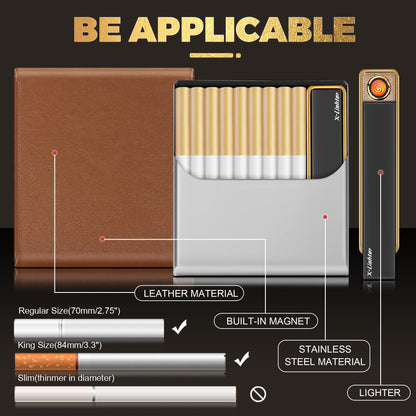 X-LIGHTER Cigarette Case with Lighter for 84MM King Size, Smell Proof, Ultra Slim, Leather Cigarette Holder Case for Men, Business
