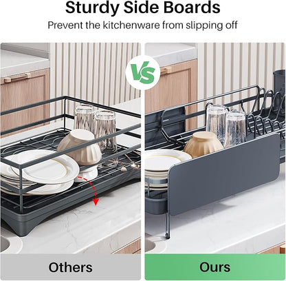 SNTD Dish Drying Rack - Large Dish Racks for Kitchen Counter, Expandable Dish Drainers with Cutlery Holder Stainless Steel Rustproof (Grey)