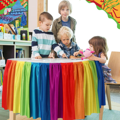 Oudain 14 ft Rainbow Table Skirt Cloths for Teacher Desk Boho Colorful Wrinkle Rainbow Table Cover Skirt for Kindergarten Classroom Kidney Shaped Desk Back to School Supplies