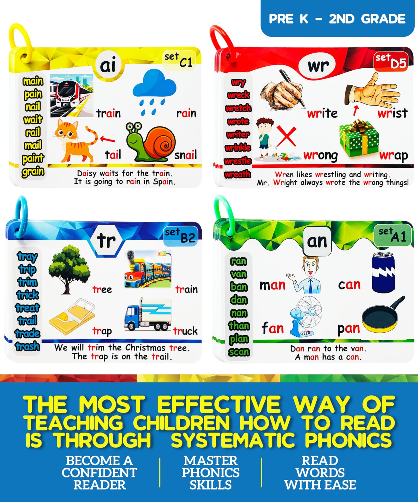 Phonics Flash Cards with Proven Spaced Repetition Learning System - Learn to Read in 20 Phonic Stages - Digraphs CVC Blends Long Vowel Sounds Phonics Games for Kids Ages 4-8 Kindergarten 1st 2nd Grade
