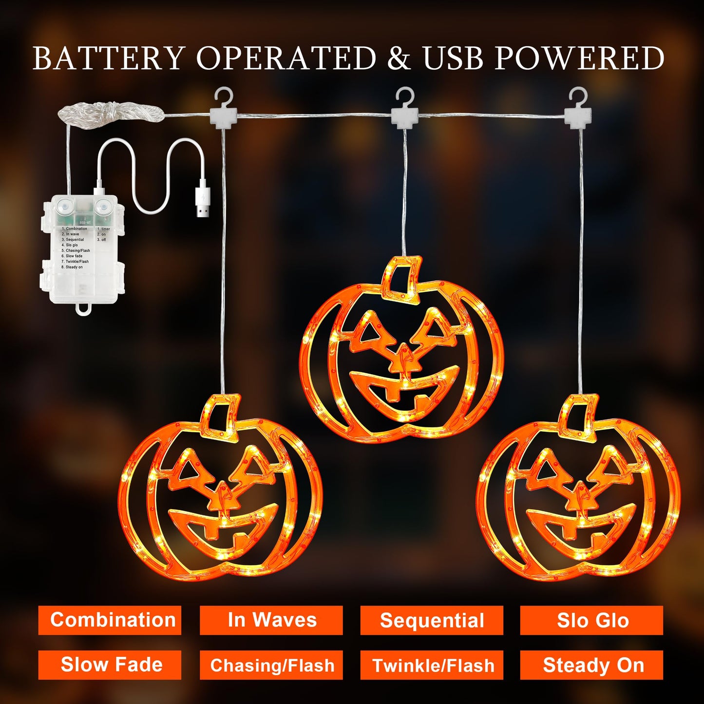 Qunlight Halloween Window Lights,3 Pack 48LED Pumpkin String Light with Battery Operated,Timer Memory Hanging Orange Halloween Light for Spooky Decor Outdoor Indoor Curtain Home Party Gift
