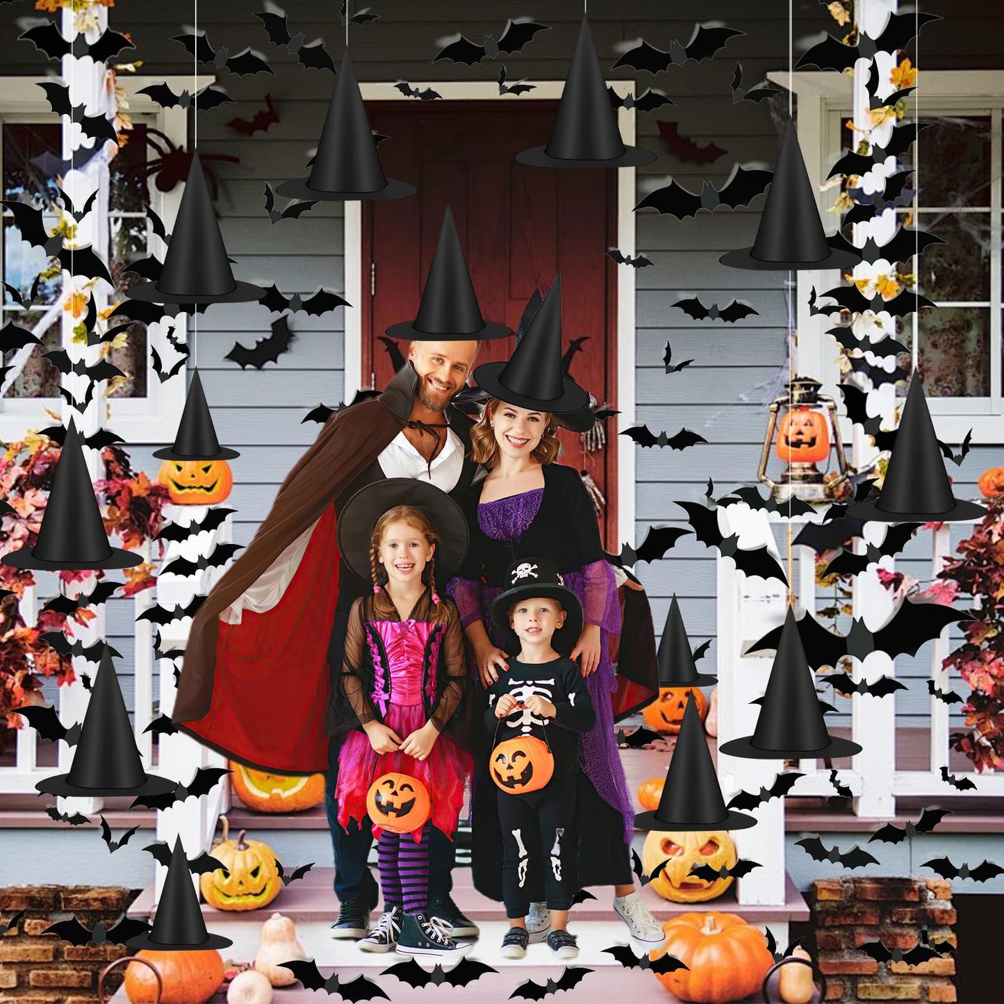Famoby 12pcs Halloween Black Witch Hat with 157 FT Nylon Cord &120pcs Bat Sticker for Indoor Outdoor Home Yard Porch Ceiling Halloween Party Decorations