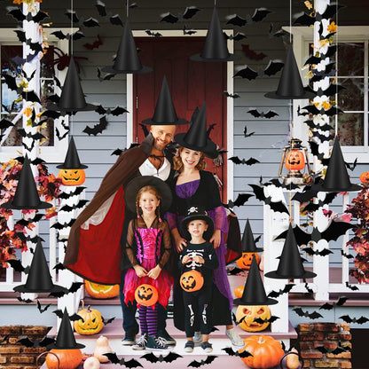 Famoby 12pcs Halloween Black Witch Hat with 157 FT Nylon Cord &120pcs Bat Sticker for Indoor Outdoor Home Yard Porch Ceiling Halloween Party Decorations