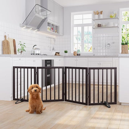 Freestanding Bamboo Wood Dog Gate Indoor, 4-Panel Pet Gates with 2 Stands and 360° Hinge for Doorways and Stairs, Puppy Gate for The House, Fully Assembled Safety Fence 74" W x 24" H - Espresso