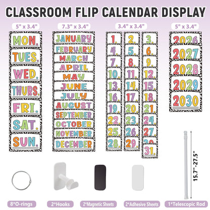 Upgraded 2-in-1 Flip Calendar for Classroom with Magnetic & Adhesive Fixing, Adjustable Magnetic Rod Flip Calendar for Whiteboard, Black and White Classroom Decor Bulletin Board Set (Speckled)