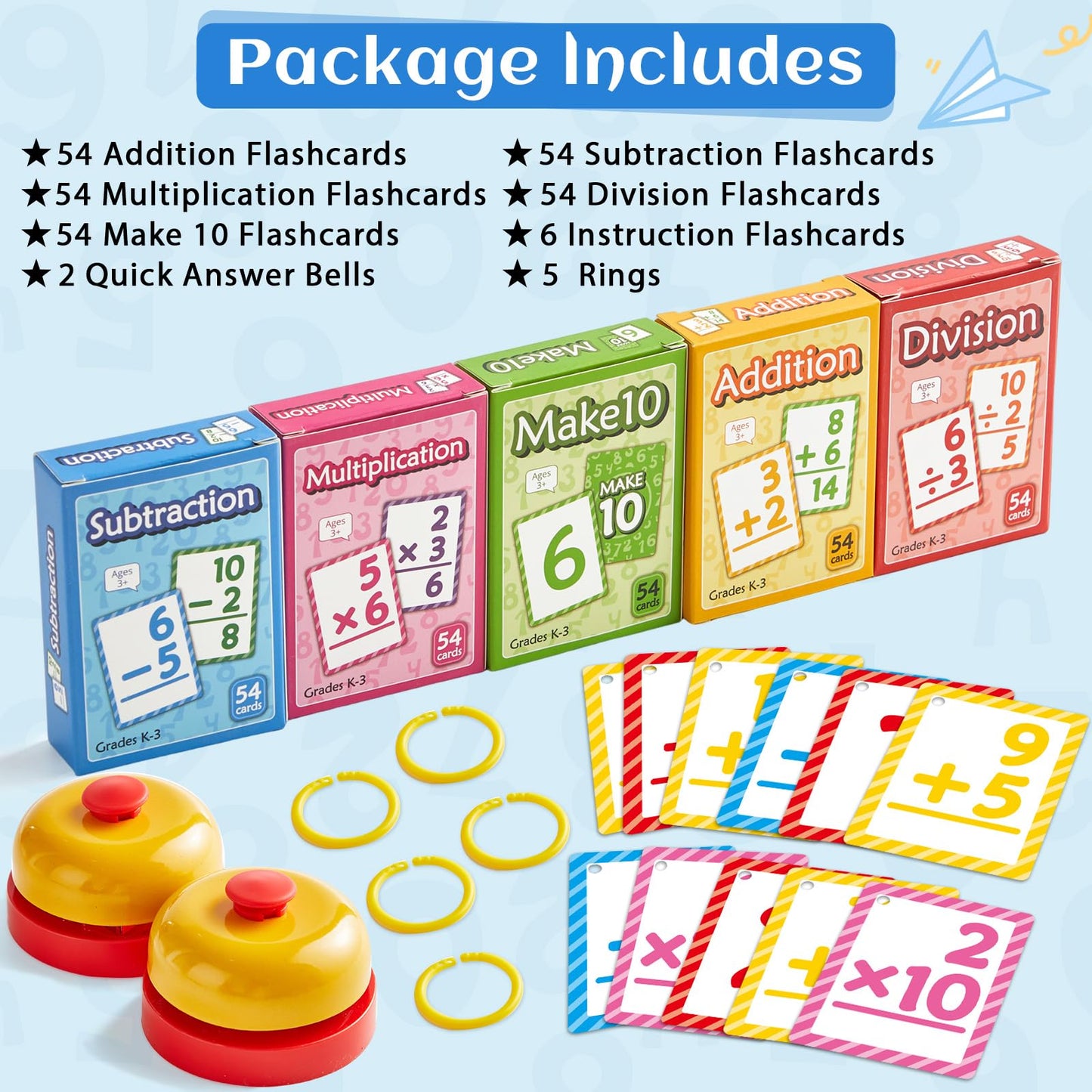 Math Flash Cards Set of 5 Addition Subtraction Division Multiplication Make 10 Games 276 Math Learning Double-Sided Flashcards with 5 Rings 2 Quick Answer Bells for Kids Kindergarten 1st 2nd 3rd Grade