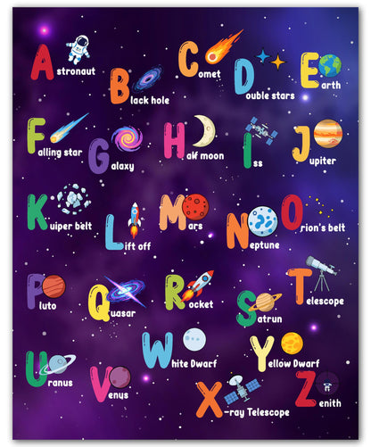 ZUKIY Alphabet Space Learning Poster - Space Alphabet Poster for Kids - Outer Room Decor - Abc Solar System Print for Toddler Boys or Girls Bedroom Nursery Classroom Homeschool Wall Art 8x10 Unframed