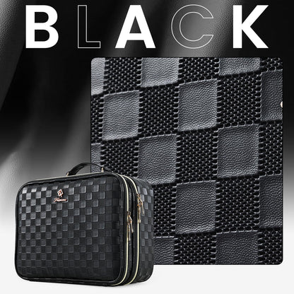 Makeup Bag with LED Lighted Mirror 12.2 IN Cosmetic Train Case Double Layer Makeup Case Adjustable Brightness in 3 Colors Cosmetic Organizer Artist Storage with Brush Holder Vanity Black Checkerboard