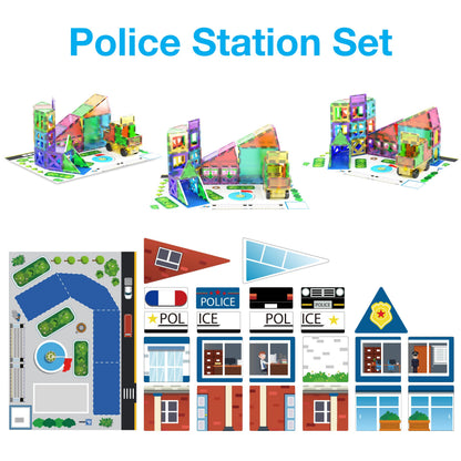PicassoTiles 3-in-1 Theme Set School Hospital Police Station Magnet Self Adhesive Backing Stick-On Sheet Combo w/Car Magnet Building Block Playset STEM Learning Construction Brain Development Kit