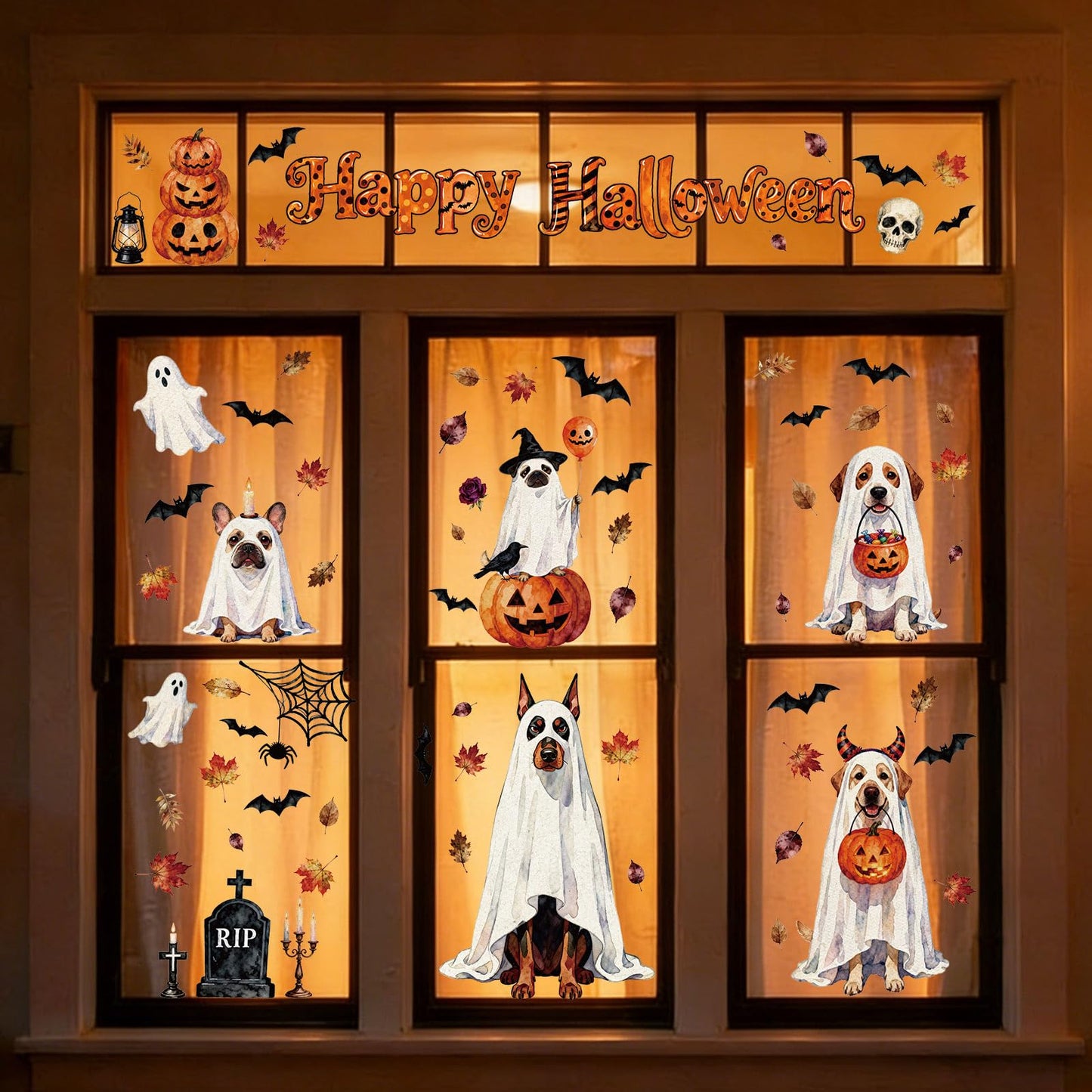 Whaline Extra Large Halloween Ghost Dog Window Clings Autumn Leaves Pumpkin Dog Bat Reusable Anti-Collision Windows Decor for Home Classroom Office Party Supplies, 4 Sheets