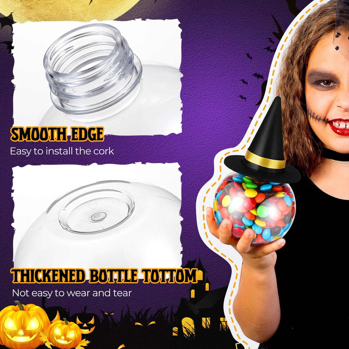 Baderke 12 Pcs 13.5 oz Spherical Plastic Potion Bottles with Hat Ball Shape Round Bottles for Drink Candy Jar Halloween Table Decoration DIY Crafts Gifts(Black)