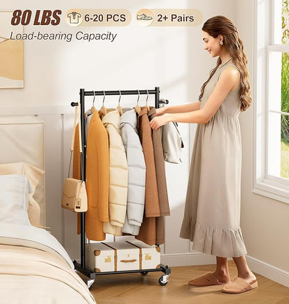 MISSLO Small Clothing Racks for Hanging Clothes 45" Short Clothes Rack with Shelves Metal Rolling Garment Rack with Wheels for Small Space, Closet, Wardrobe, Adults & Kids, Black