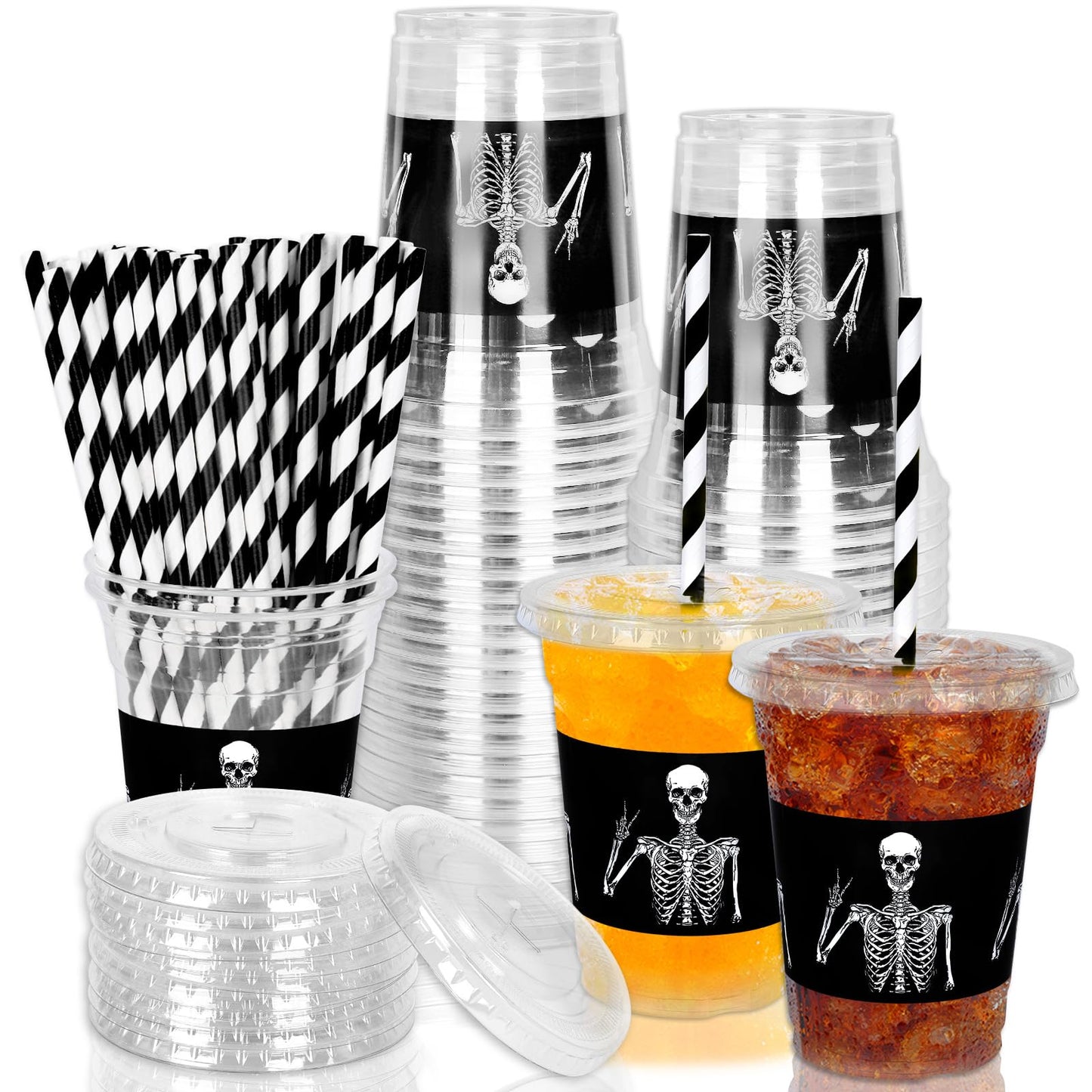 JarThenaAMCS 50Pcs Halloween Disposable Plastic Cups with Lids and Straws 12oz Funny Skeleton Cold Beverage Drinking Cups for Birthday Goth Party Supplies