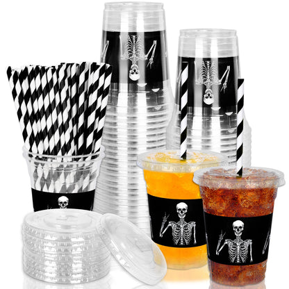 JarThenaAMCS 50Pcs Halloween Disposable Plastic Cups with Lids and Straws 12oz Funny Skeleton Cold Beverage Drinking Cups for Birthday Goth Party Supplies