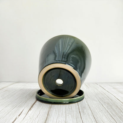 Wavy Studio Glazed Gradient Color Ceramic Planter with Drainage Hole & Saucer for Indoor Tropical Plants, Green Reactive Glaze Plant Pot (Emerald Green, 6")