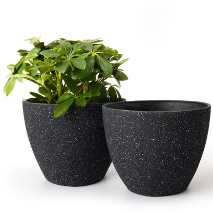 LA JOLIE MUSE Flower Pots Outdoor Garden Planters, Indoor Plant Pots with Drainage Holes, Plastic, Speckled Black, Set 2 (7.5 + 7.5 Inch)